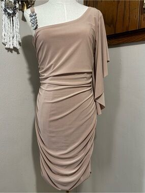 Y2K Vintage DEB One Shoulder Ruched Asymmetrical Dress Size XL Rhinestone Detail